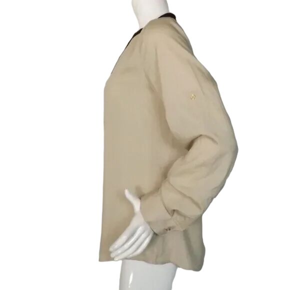 CALVIN KLEIN Blouse, L, Champagne/Black, Long Tab Sleeves, Zipper Neck - Picture 11 of 14